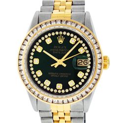 Rolex Mens 2 Tone 14K Green String Princess Cut Diamond Datejust Wristwatch