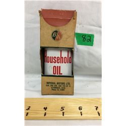 B/A HOUSEHOLD OIL, UNOPENED, W/ORIG BOX IMPERIAL MTRS, LETHBRIDGE AB