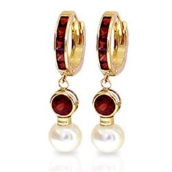 Genuine 4.3 ctw Garnet & Pearl Earrings Jewelry 14KT Yellow Gold - REF-47W5Y