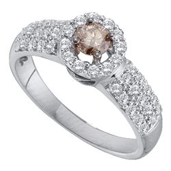 0.75 CTW Cognac-brown Color Diamond Solitaire Halo Bridal Ring 14KT White Gold - REF-82N4F