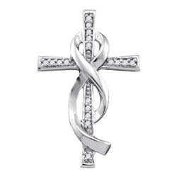 0.09 CTW Diamond Cross Crucifix Ribbon Pendant 10KT White Gold - REF-14K9W