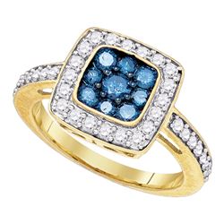1 CTW Blue Color Diamond Square Cluster Ring 10KT Yellow Gold - REF-49K5W