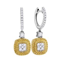 0.88 CTW Yellow Diamond Square Cluster Dangle Earrings 18KT White Gold - REF-142F4N
