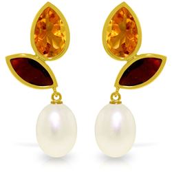 Genuine 16 ctw Pearl, Garnet & Citrine Earrings Jewelry 14KT Yellow Gold - REF-42Z2N