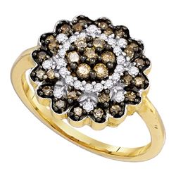 0.65 CTW Cognac-brown Color Diamond Flower Cluster Ring 10KT Yellow Gold - REF-41W9K