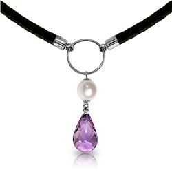 Genuine 7.5 ctw Amethyst & Pearl Necklace Jewelry 14KT White Gold - REF-52K9V