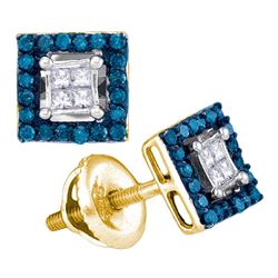 0.33 CTW Blue Color Diamond Square Cluster Earrings 10KT Yellow Gold - REF-22K4W