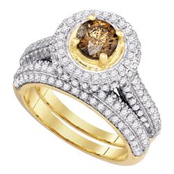 2.05 CTW Cognac-brown Color Diamond Halo Bridal Ring 14KT Yellow Gold - REF-179X9Y