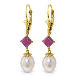Genuine 9.5 ctw Pearl & Ruby Earrings Jewelry 14KT Yellow Gold - REF-29R7P
