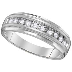 0.25 CTW Mens Diamond Single Row Grooved Wedding Ring 14KT White Gold - REF-44F9N