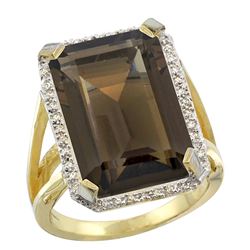 Natural 13.72 ctw Smoky-topaz & Diamond Engagement Ring 10K Yellow Gold - REF-65X2A