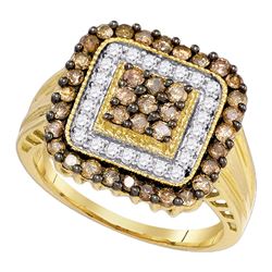 1 CTW Cognac-brown Color Diamond Square Cluster Ring 10KT Yellow Gold - REF-52N4F