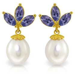 Genuine 9.5 ctw Tanzanite & Pearl Earrings Jewelry 14KT Yellow Gold - REF-43V4W