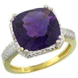 Natural 5.96 ctw Amethyst & Diamond Engagement Ring 10K Yellow Gold - REF-32X4A