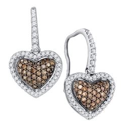 0.60 CTW Cognac-brown Color Diamond Heart Dangle Earrings 10KT White Gold - REF-37M5H