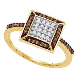 0.25 CTW Cognac-brown Color Diamond Square Cluster Ring 10KT Yellow Gold - REF-18K2W