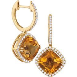 5.33 CTW Cushion Natural Citrine Diamond Dangle Earrings 14KT Yellow Gold - REF-112W5K