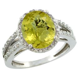 Natural 3.47 ctw Lemon-quartz & Diamond Engagement Ring 14K White Gold - REF-45H3W