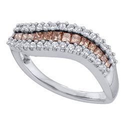 0.65 CTW Princess Cognac-brown Color Diamond Curved Ring 14KT White Gold - REF-59H9M