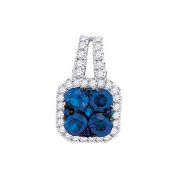 0.79 CTW Blue Sapphire & Diamond Square Cluster Pendant 14KT White Gold - REF-57W2K