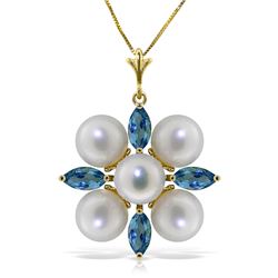 Genuine 6.3 ctw Blue Topaz & Pearl Necklace Jewelry 14KT Yellow Gold - REF-59Z2N