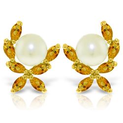 Genuine 3.25 ctw Pearl & Citrine Earrings Jewelry 14KT Yellow Gold - REF-30P2H