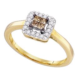 0.25 CTW Princess Cognac-brown Color Diamond Halo Ring 10KT Yellow Gold - REF-19X4Y