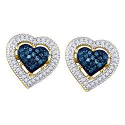 0.40 CTW Blue Color Diamond Heart Love Screwback Earrings 10KT Yellow Gold - REF-30H2M