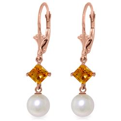 Genuine 5 ctw Pearl & Citrine Earrings Jewelry 14KT Rose Gold - REF-29A7K