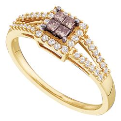 0.33 CTW Princess Cognac-brown Color Diamond Split-shank Ring 14KT Yellow Gold - REF-38H9M
