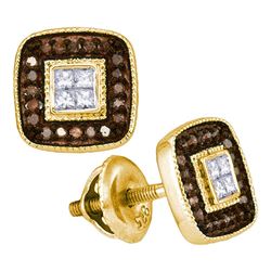 0.33 CTW Cognac-brown Color Diamond Square Cluster Earrings 10KT Yellow Gold - REF-26Y9X