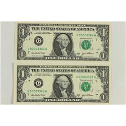 2-2003-A $1 FRN'S LOW CONSECUTIVE SERIAL 'S UNC