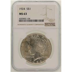 1924 $1 Peace Silver Dollar Coin NGC MS63