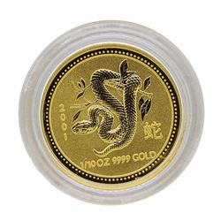 2001 $15 Australia Lunar Year of the Snake 1/10 oz. Gold Coin