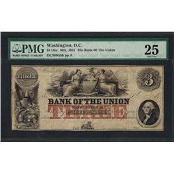 1851 $3 The Bank of the Union Obsolete Note PMG Very Fine 25