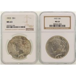 Lot of (2) 1923 $1 Peace Silver Dollar Coins NGC MS63