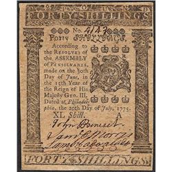 July 20, 1775 Forty Shillings Pennsylvania Colonial Currency Note
