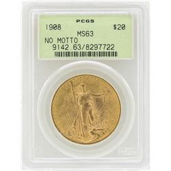1908 No Motto $20 St. Gaudens Double Eagle Gold Coin PCGS MS63