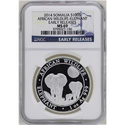 2014 Somalia 100 Shillings African Wildlife Elephant Silver Coin NGC MS69 ER