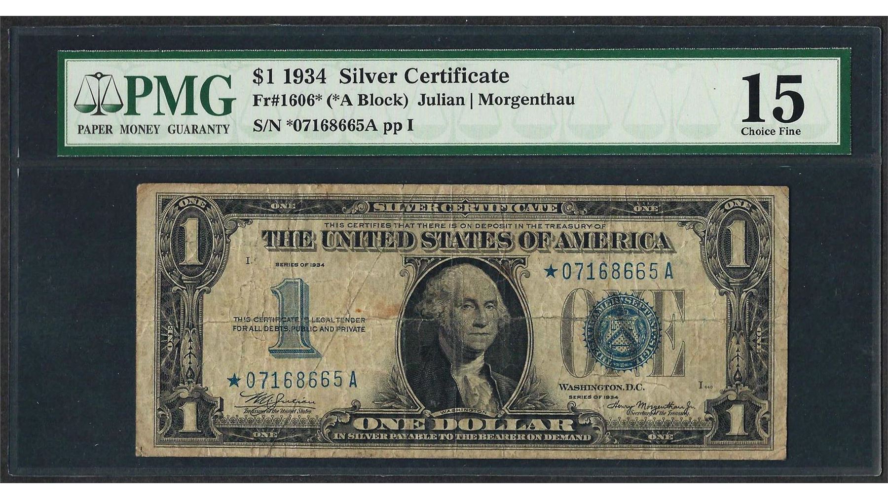 1934 $1 Funnyback Silver Certificate STAR Note Fr.1606* PMG Choice Fine 15