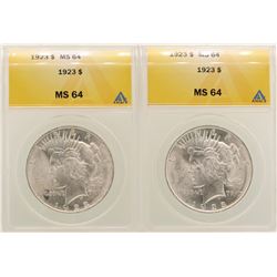 Lot of (2) 1923 $1 Peace Silver Dollar Coins ANACS MS64