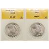 Image 1 : Lot of (2) 1923 $1 Peace Silver Dollar Coins ANACS MS64
