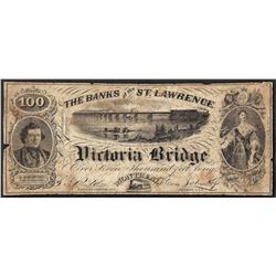 1857 $100 Banks of St. Lawrence Victoria Bridge Montreal Note