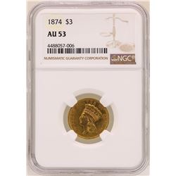 1874 $3 Indian Princess Head Gold Coin NGC AU53