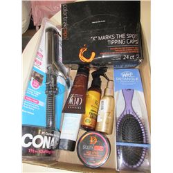 Flat of New Assorted Hair products / Argan Oil / Curling Iron / Brush etc.