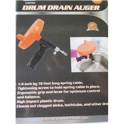 New 16 foot Drum Drain Auger / 1/4 in x 16ft clean your own drain & save!