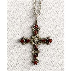 Zuni Silver Coral Cross Pendant Necklace