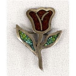 Native American Navajo Silver Inlay Tulip Pin