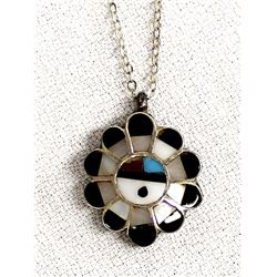 Zuni Sterling Inlay Sun God Pendant Necklace