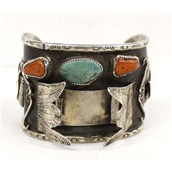 Navajo Sterling Turquoise Coral Watch Bracelet